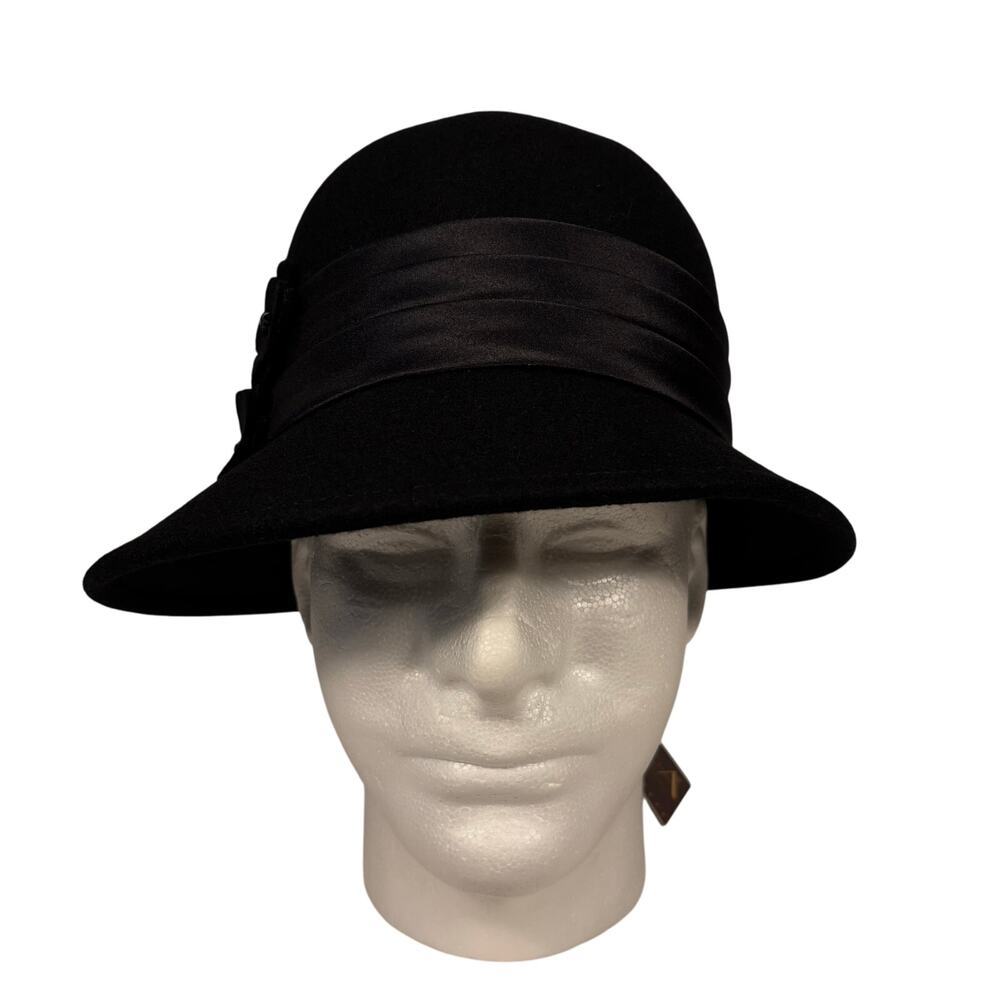 Adora Black Wool Floral Ribbon Felt Winter Cloche Hat Adjustable Womens OS NEW - Picture 8 of 13